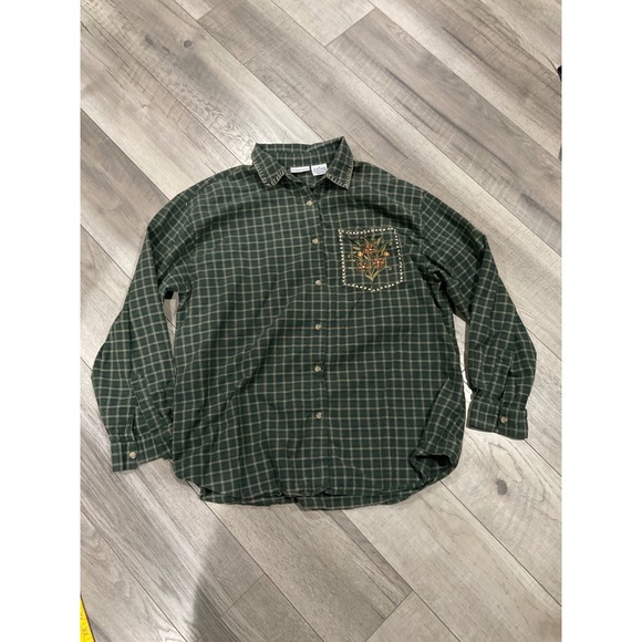 Cabin Creek Tops - Cabin Creek Green Plaid Embroidered Floral Button Down Shirt 1X vintage